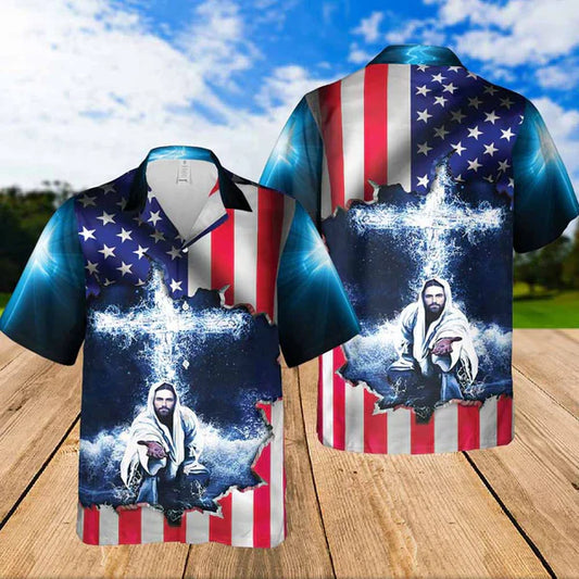 UniJames Jeusus Take My Hand American Flag Cross Hawaiian Shirt - Christian Hawaiian Shirts For Women Men
