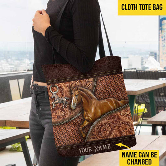 Unijames Horse Vintage Carving Leather Pattern Custom Name 3D Tote Bag