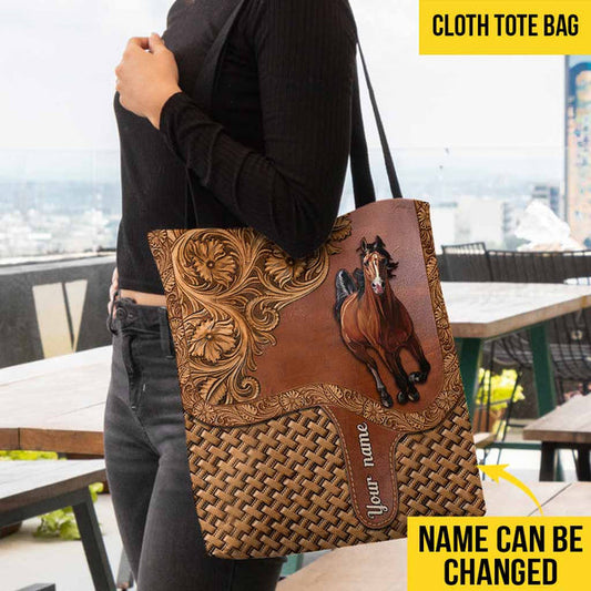 Unijames Horse Vintage Carving Leather Pattern Custom Name 3D Tote Bag