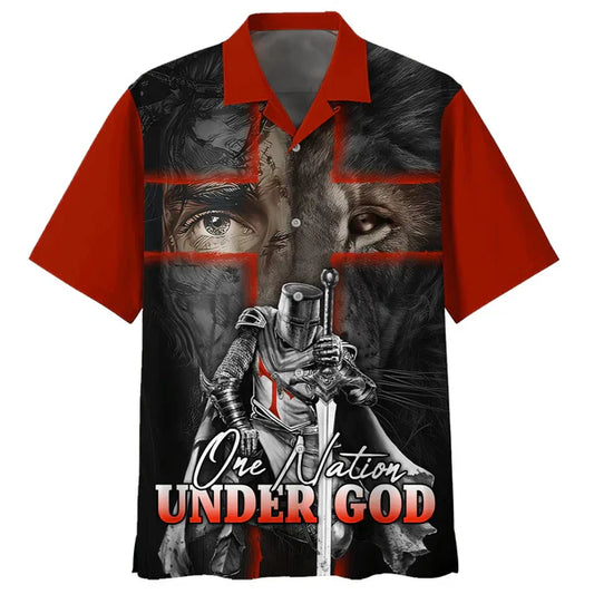 UniJames Lion And Warrior One Nation Under God Hawaiian Shirt - Best Hawaiian Shirts - Christian Hawaiian Shirt