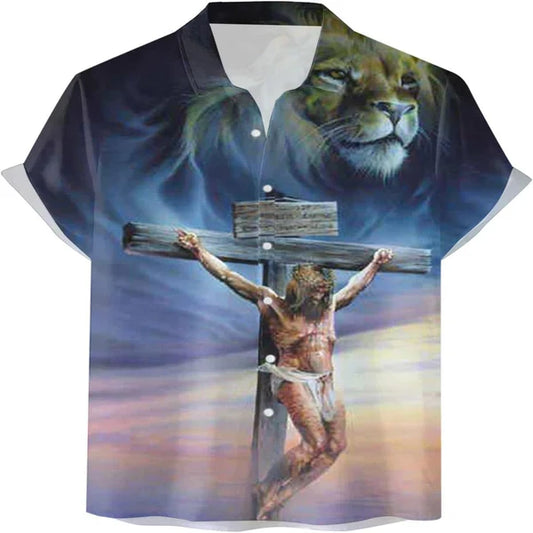 UniJames Lion Crucifixion Of Jesus Christian Hawaiian Shirt - Hawaiian Beach Shirts for Men Women