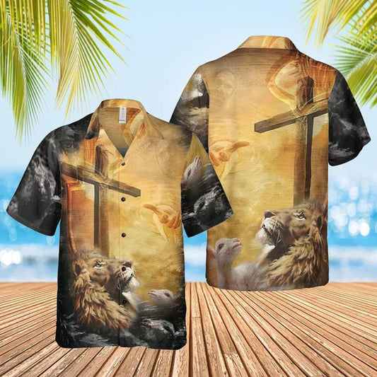 UniJames Lion Jesus Cross Sunrise Christianity Hawaiian Shirt - Christian Hawaiian Shirt for Men Women