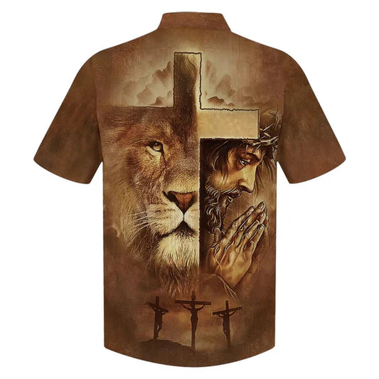 UniJames Lion Jesus Pray Cross Hawaiian Shirt - Best Hawaiian Shirts - Christian Hawaiian Shirt