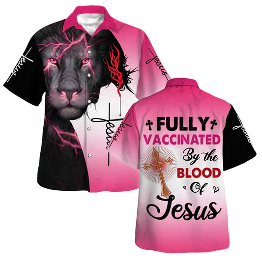 UniJames Lion Pink Fully Vaccinated By The Blood Of Jesus Hawaiian Shirt - Christian Hawaiian Shirt - Religious Hawaiian Shirts