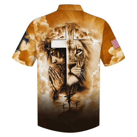 UniJames Lion Pray With Jesus On The Cross Hawaiian Shirt - Best Hawaiian Shirts - Christian Hawaiian Shirt