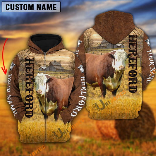 Uni Personalized Name Farm Hereford Cattle Brown Hoodie
