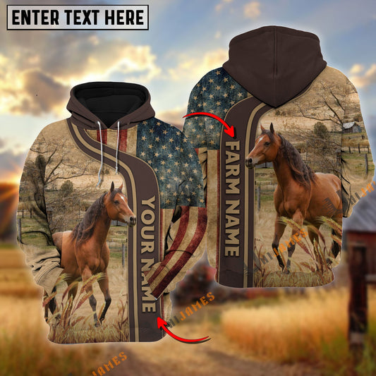 Uni Personalized Name, Farm Name Horse US Flag Hoodie