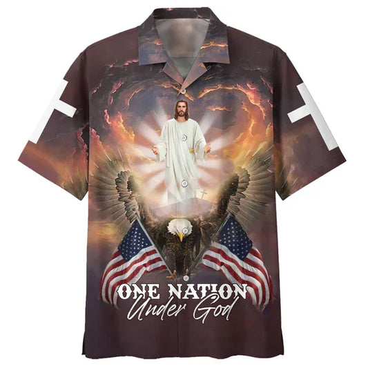 UniJames One Nation Under God Hawaiian Shirt - Jesus Arms Wide Open Hawaiian Shirts - Christian Hawaiian Shirt - Jesus Hawaiian Shirts