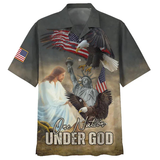 UniJames One Nation Under God Hawaiian Shirt - Jesus Eagle Flag Statue Of Liberty Hawaiian Shirts - Christian Hawaiian Shirt