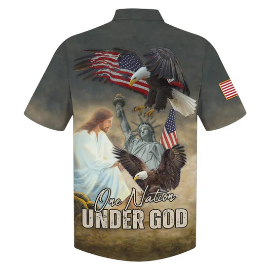 UniJames One Nation Under God Hawaiian Shirt - Jesus Eagle Flag Statue Of Liberty Hawaiian Shirts - Christian Hawaiian Shirt
