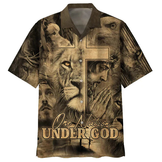 UniJames One Nation Under God Hawaiian Shirt For Men - Jesus And The Lion Of Judah Hawaiian Shirts - Christian Hawaiian Shirt
