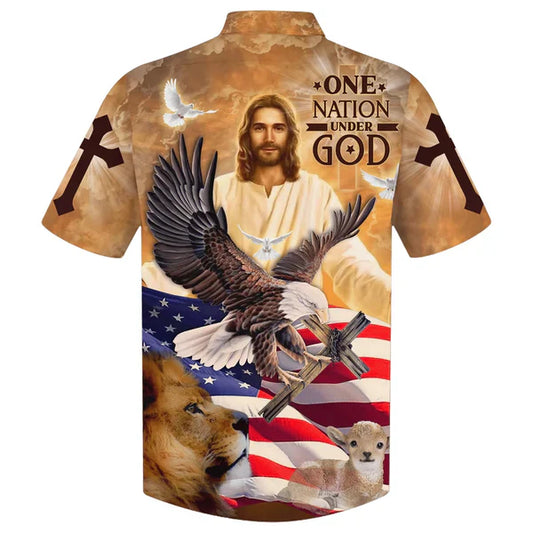 UniJames One Nation Under God Jesus And Lion Eagle American Hawaiian Shirt - Best Hawaiian Shirts - Christian Hawaiian Shirt