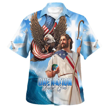 UniJames One Nation Under God Jesus Eagle American Hawaiian Shirt - Christian Hawaiian Shirt - Religious Hawaiian Shirts