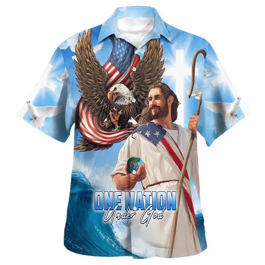 UniJames One Nation Under God Jesus Eagle American Hawaiian Shirt - Christian Hawaiian Shirt - Religious Hawaiian Shirts