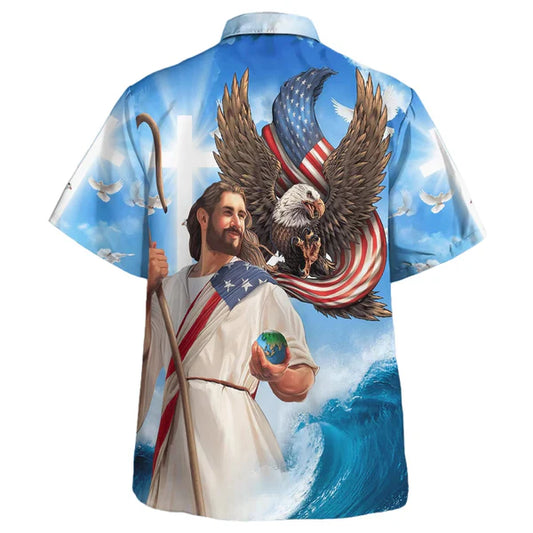 UniJames One Nation Under God Jesus Eagle American Hawaiian Shirt - Christian Hawaiian Shirt - Religious Hawaiian Shirts
