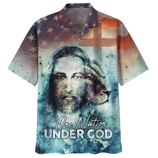 UniJames One Nation Under God Jesus Lion Hawaiian Shirts - Christian Hawaiian Shirt - Hawaiian Shirts For Men