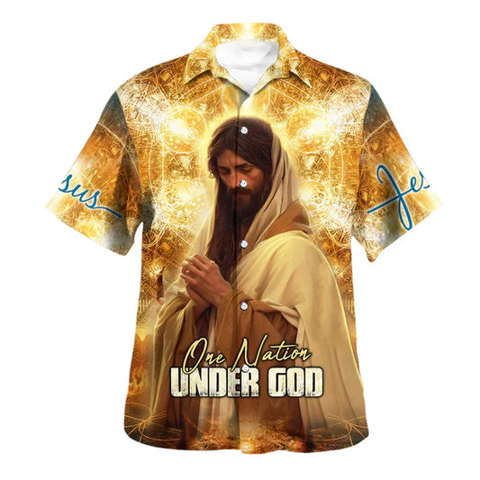 UniJames One Nation Under God Jesus Pray Hawaiian Shirt - Christian Hawaiian Shirt - Religious Hawaiian Shirts