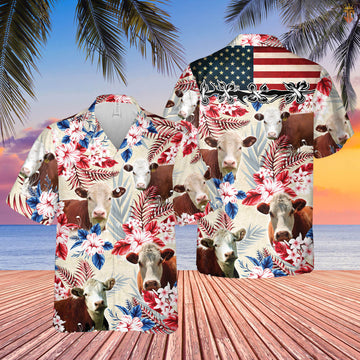 Unique Hereford Cattle American Flag Flowers Hawaiian Shirt