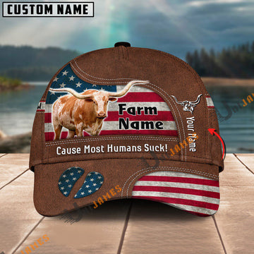 Uni Texas Longhorn US Flag Customized Name And Farm Name Cap