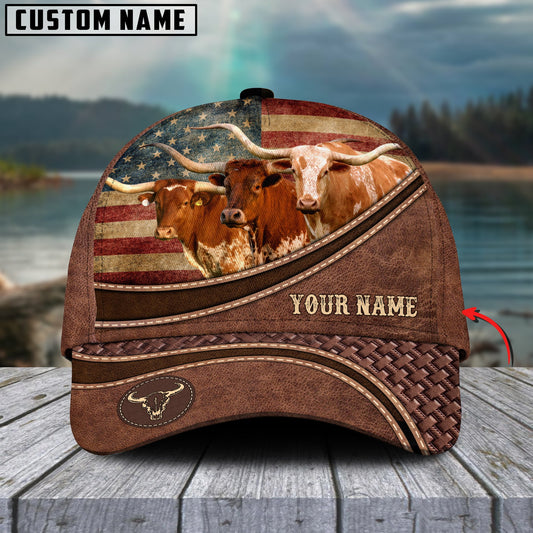 Uni Texas Longhorn US Flag Personalized Name Brown Carving Leather Pattern Classic Cap