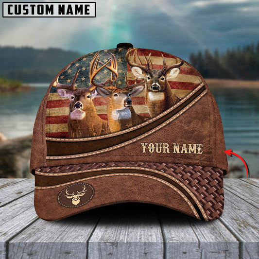 Uni Deer US Flag Personalized Name Brown Carving Leather Pattern Classic Cap