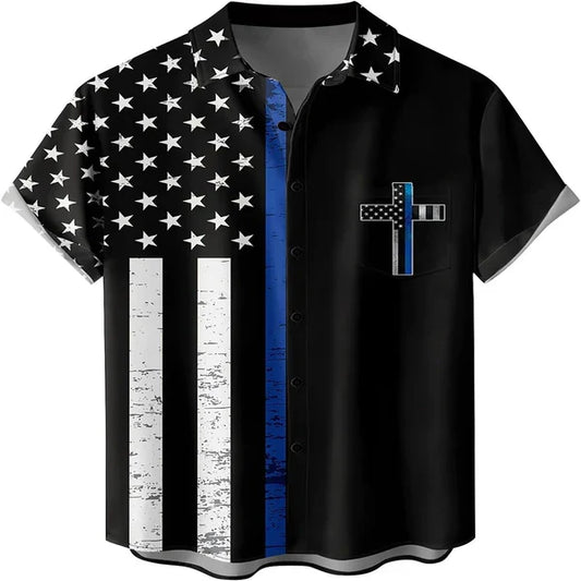 UniJames The Cross America Flag Christian Hawaiian Shirt - Hawaiian Beach Shirts for Men Women