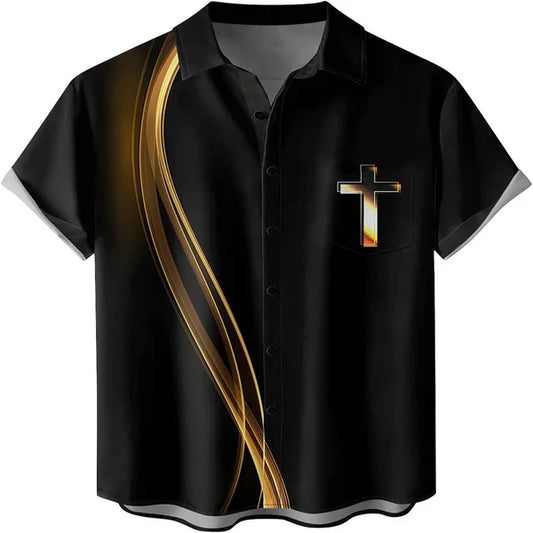 UniJames The Cross Gold Christian Hawaiian Shirt - Hawaiian Beach Shirts for Men Women