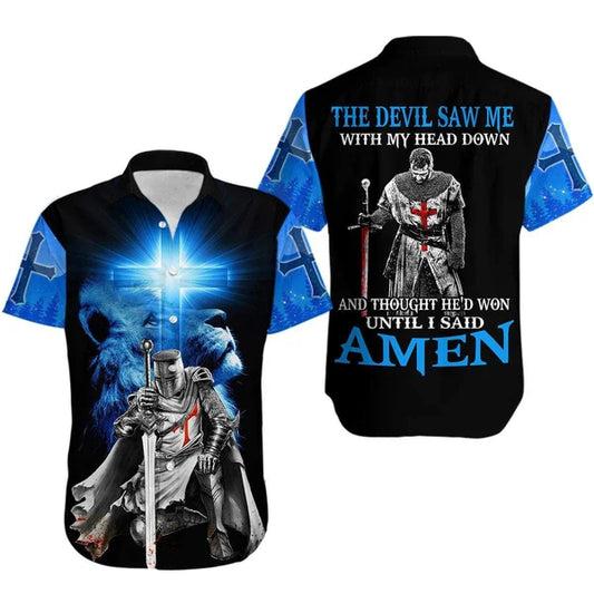 UniJames The Devil Saw Me With My Head Down Knight Jesus Lion King Hawaiian Shirts - Christian Hawaiian Shirts For Men & Women