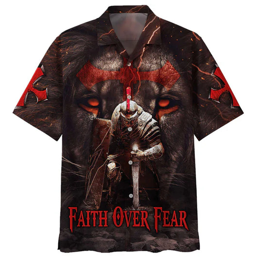 UniJames Warrior Of Christ Lion Cross Faith Over Fear Hawaiian Shirts - Christian Hawaiian Shirt - Hawaiian Shirts For Men