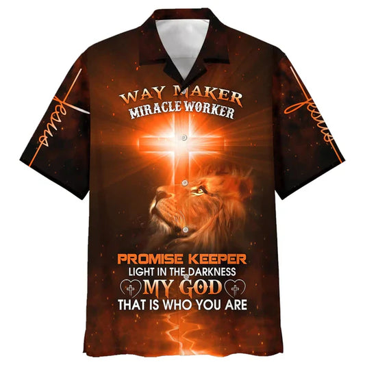 UniJames Way Maker Miracle Worker Promise Keeper Light In The Darkness My God That Is Who You Are Lion Cross Hawaiian Shirt - Best Hawaiian Shirts - Christian Hawaiian Shirt