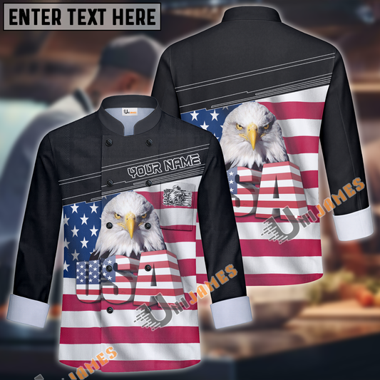 Unijames Eagle American Flag Custom Name Long Sleeve Chef Jacket