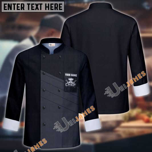 Unijames Black Gray Line Custom Name Long Sleeve Chef Jacket