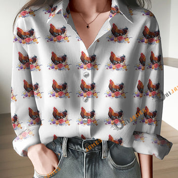 Unique Watercolor Rooster With Flowers Print Casual Long Sleeve Comfortable Shirt