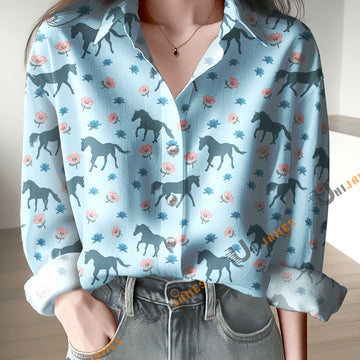 Unique Horse Flower Blue Print Casual Long Sleeve Comfortable Shirt