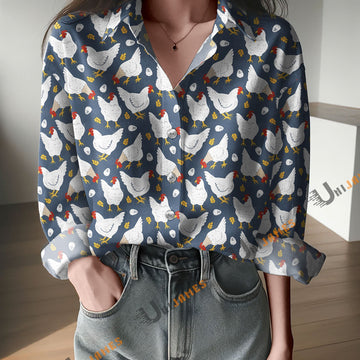 Unique Chickens And Eggs On Navy Blue Print Casual Long Sleeve Comfortable Shirt