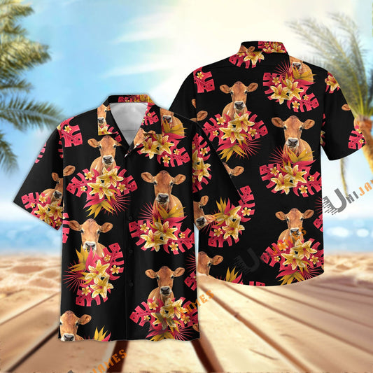 Unique Jersey Black Red Flowers Pattern Hawaiian Shirt