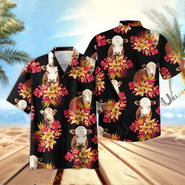 Unique Hereford Black Red Flowers Pattern Hawaiian Shirt
