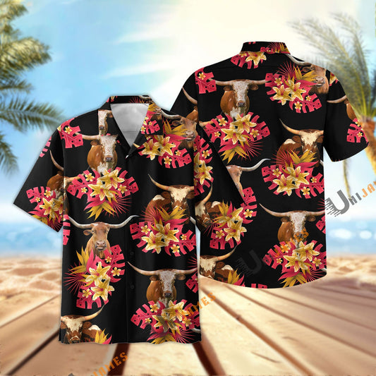 Unique Texas Longhorn Black Red Flowers Pattern Hawaiian Shirt