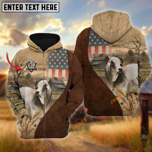 Uni Personalized Name Brahman Cattle USA Flag Hoodie