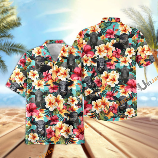Unique Black Angus Tropical Flower Pattern Seamless Hawaiian Shirt