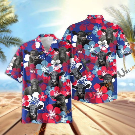 Unique Black Angus Flower Blue Red 3D Hawaiian Shirt