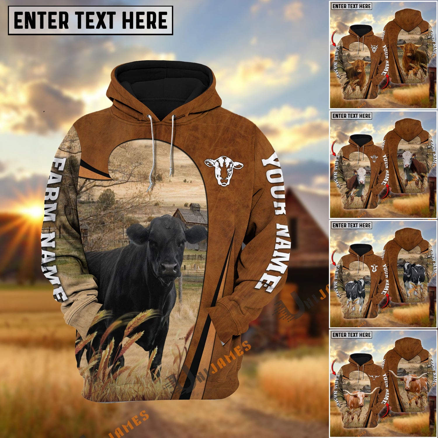 Uni Cattle On Farm Custom Name Printed 3D Black Hoodie