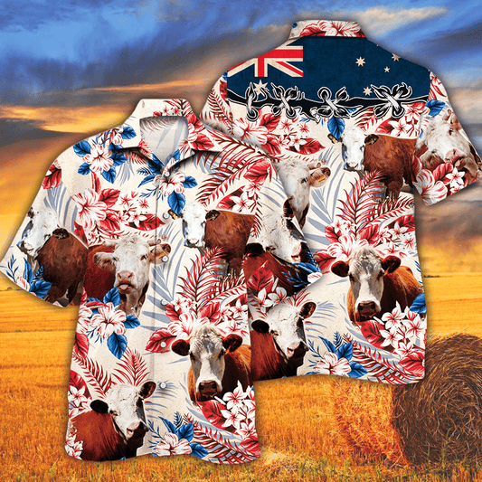 Unique Hereford Cattle Australian Flag Hawaiian Flowers All Over Printed 3D Hawaiian Shirt