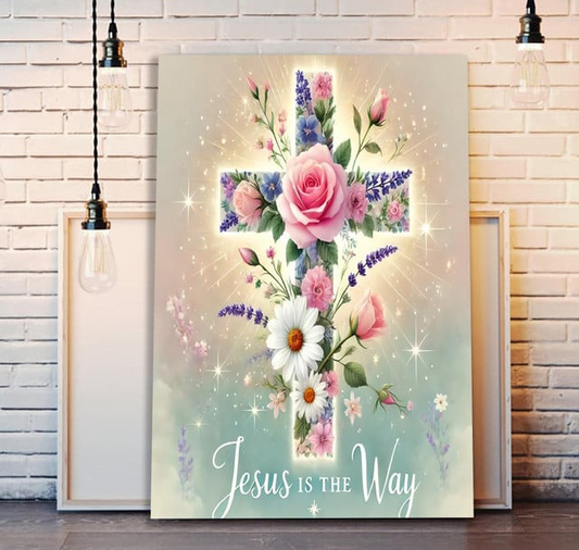 Unijames Jesus Is The Way Floral Cross Canvas Wall Art