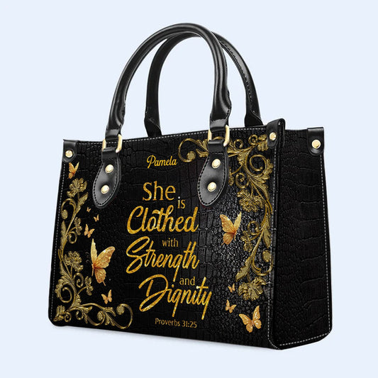 Personalized Leather Handbag – Blessed Mom – She is clothed with strength and dignity – Proverbs 31:25 |
