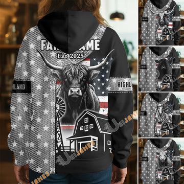 Uni Personalized American Flag Ranch Pattern Name & Farm Name Cattle Hoodie