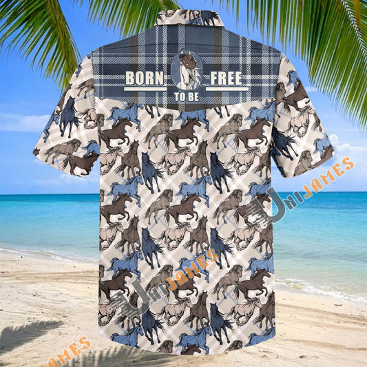 UniJames "Born To Be Free" Running Horse Plaid Hawaiian Shirt