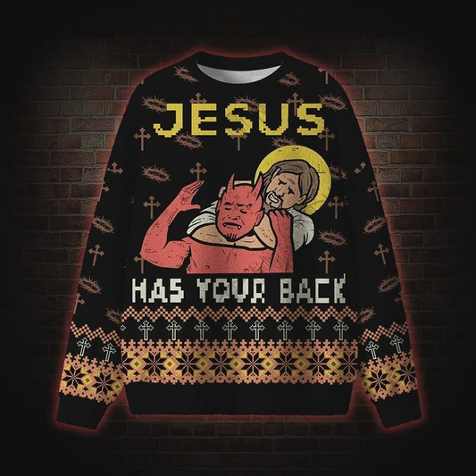 Unijames Jesus Has Your Back Funny Ugly Christmas Sweater Christian Holiday Sweatshirt Savior vs Devil Pullover Religious Xmas Party Outfit