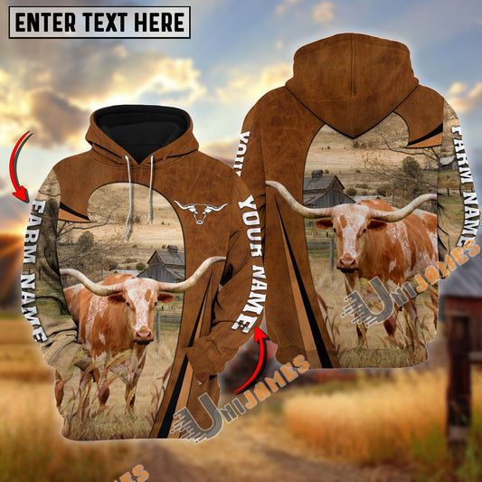 Uni Personalized Name, Farm Name Texas Longhorn Premium Brown Pattern Hoodie