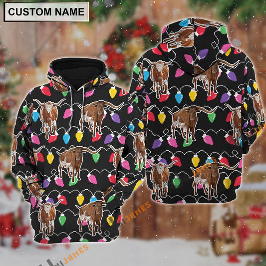 Uni Texas Longhorn Christmas Led Light Personalized Name 3D Hoodie